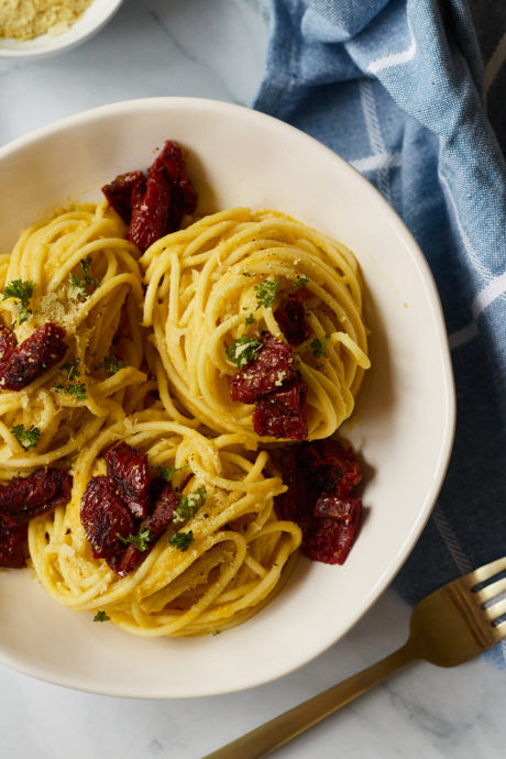 carbonara vegan zucca pomodori secchi