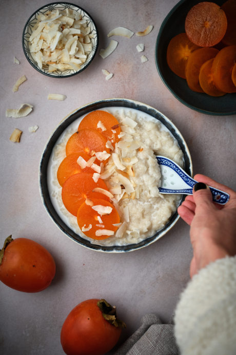 cachi sticky rice mango Budino di riso glutinoso con cachi vegan